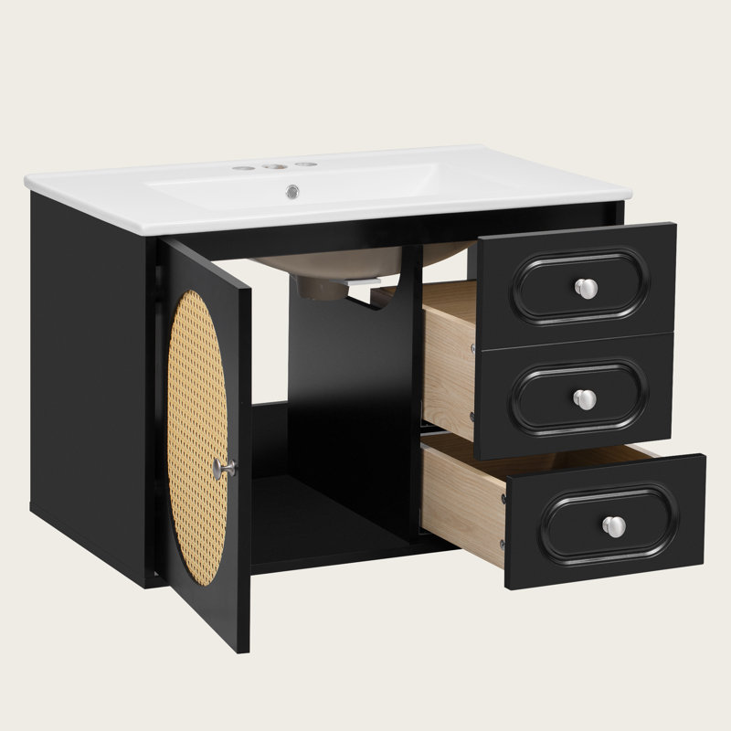 Meuble-lavabo 30 po avec lavabo en céramique Mid-Century 30 po, 2 tiroirs, beaucoup de rangement