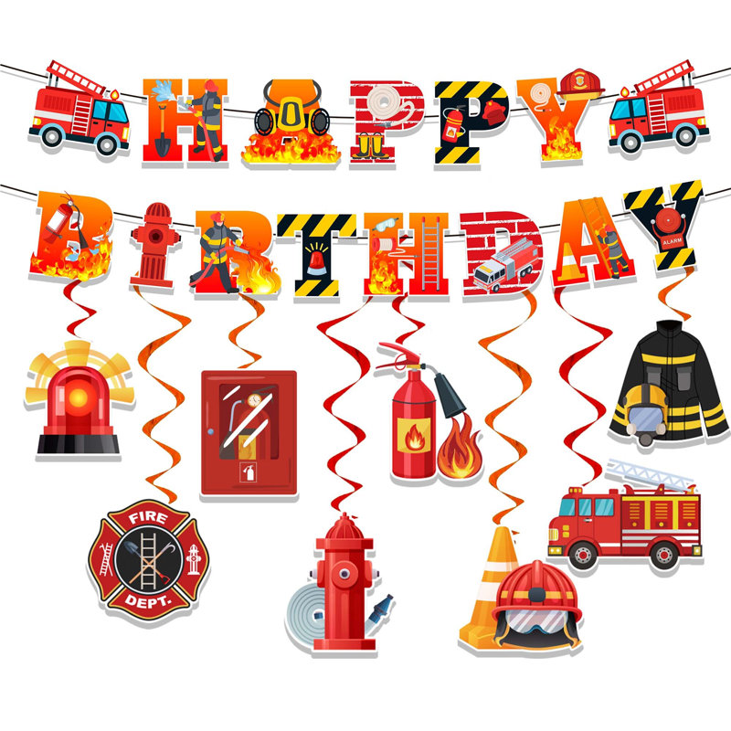 Ensemble de décorations d'anniversaire de camion de pompiers - Bannière de décorations d'anniversaire de camion de pompier
