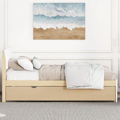 Cadre de lit simple contemporain avec lit gigogne blanc brillant et chêne pour une taille de chambre à coucher confortable avec tête de lit, solution de rangement utile