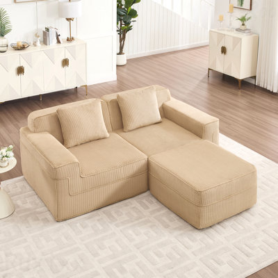 Canapé modulaire modulaire à 2 places désossé - tissu velours côtelé, canapé Cloud, siège très profond, coussins décoratifs, repose-pieds mobile