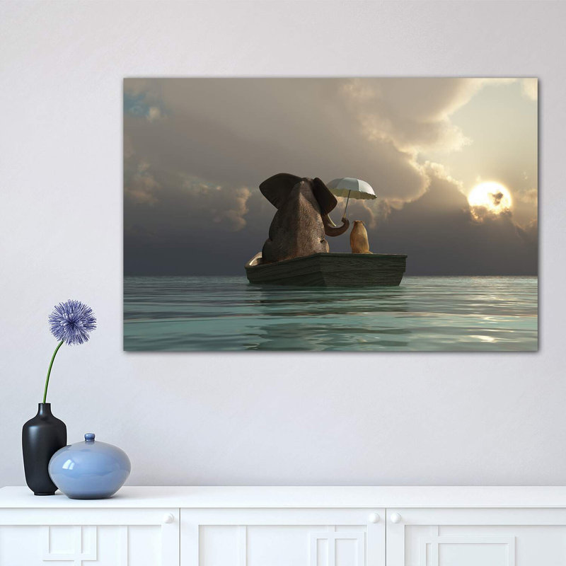 Elephant And Dog Are Floating In A Boat by Mike Kiev - Wrapped Canvas Print, 45.72 cm H x 66.04 cm W x 1.91 cm D