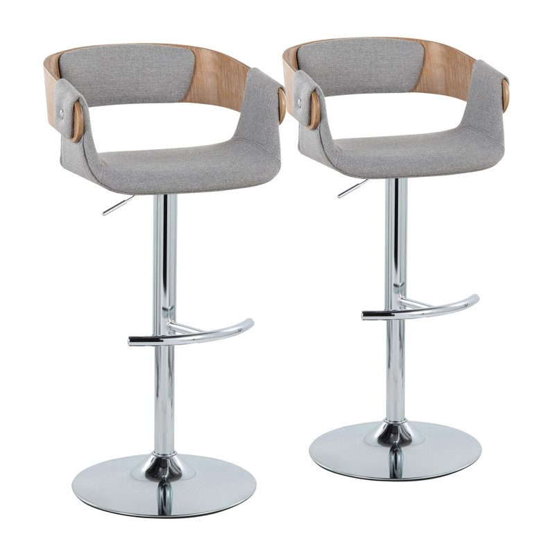 Ensemble de 2 tabourets de bar pivotants et réglables Elisa, style moderne du milieu du siècle, tissu gris, base chromée et dossier en bois blanchi