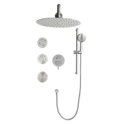 Système de douche avec pomme de douche, douche à main, barre coulissante, jets de corps, bras de douche, tuyau, garniture de valve et poignées à levier