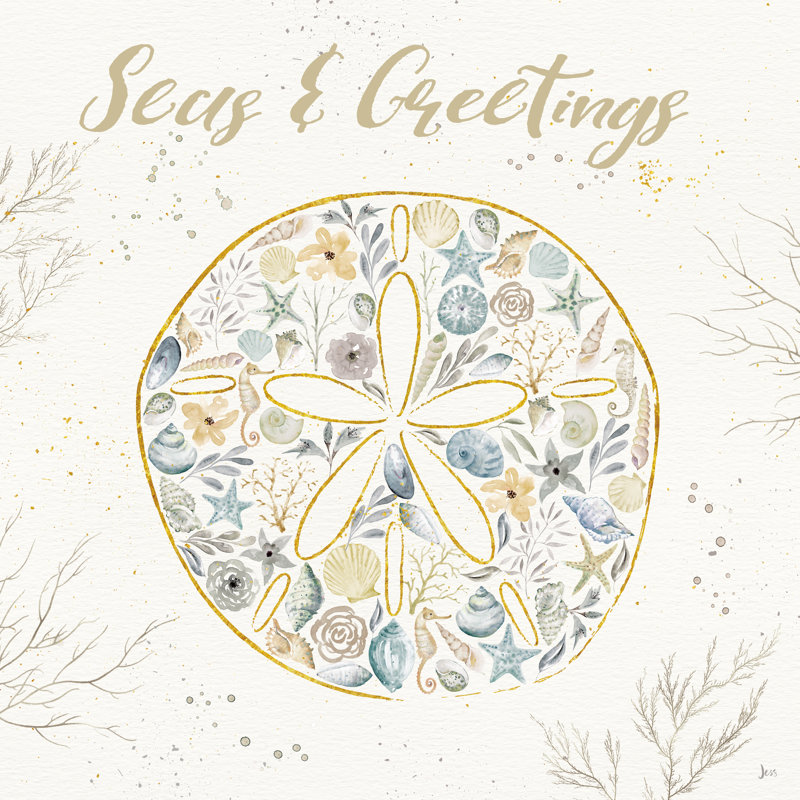«Seaside Blossoms IV Blue Greetings», art textuel encadré, H 36 po x l 36 po x P 1,25 po, Papier avec cadre doré, Oui