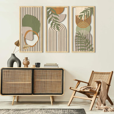 Set of 3 Boho Mid-Century Modern Wood Wall Art, 16" x 32" Green Abstract Wooden Wall Decor for Bedroom Living Room Office Kitchen Home Decoration