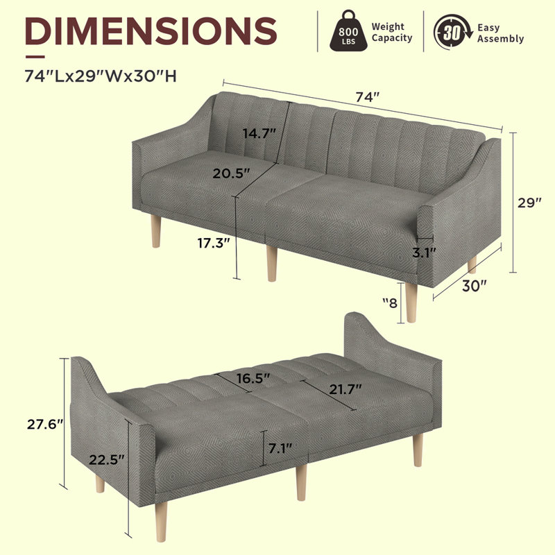 Maletta Upholstered 74'' Sofa, Velvet Gray