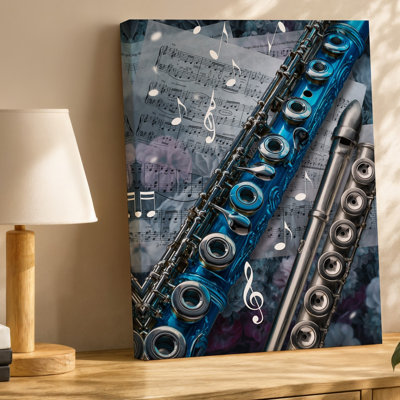 Canvas A Visually Rich Collage Featuring Various Flutes Including A Blue Wall Art Ornate Flute And A Silver Flute Arranged Dynamically Canvas Wall Art