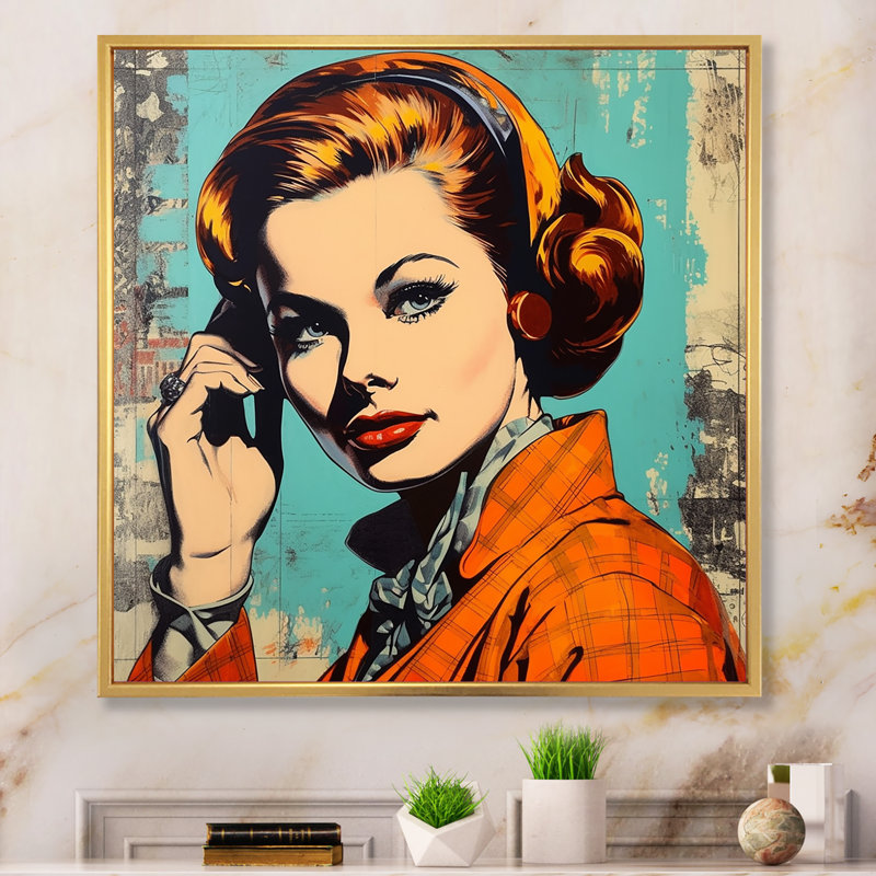 Portrait de femme pop des années 1950 I, Cadre flottant doré, H 36 po x l 36 po x P 1,5 po