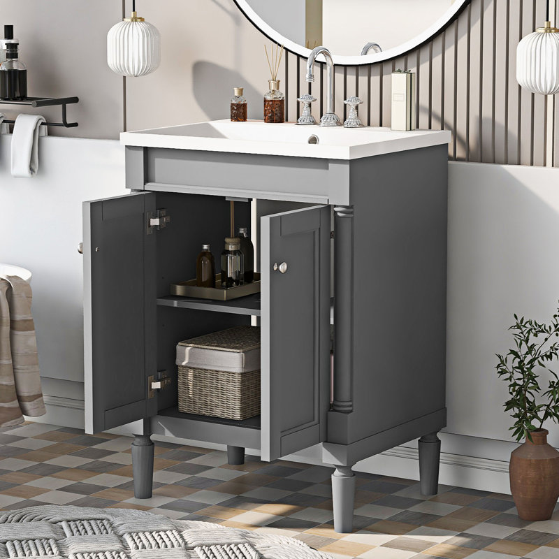 Meuble-lavabo sur pied simple avec plateau en résine Miquela, gris
