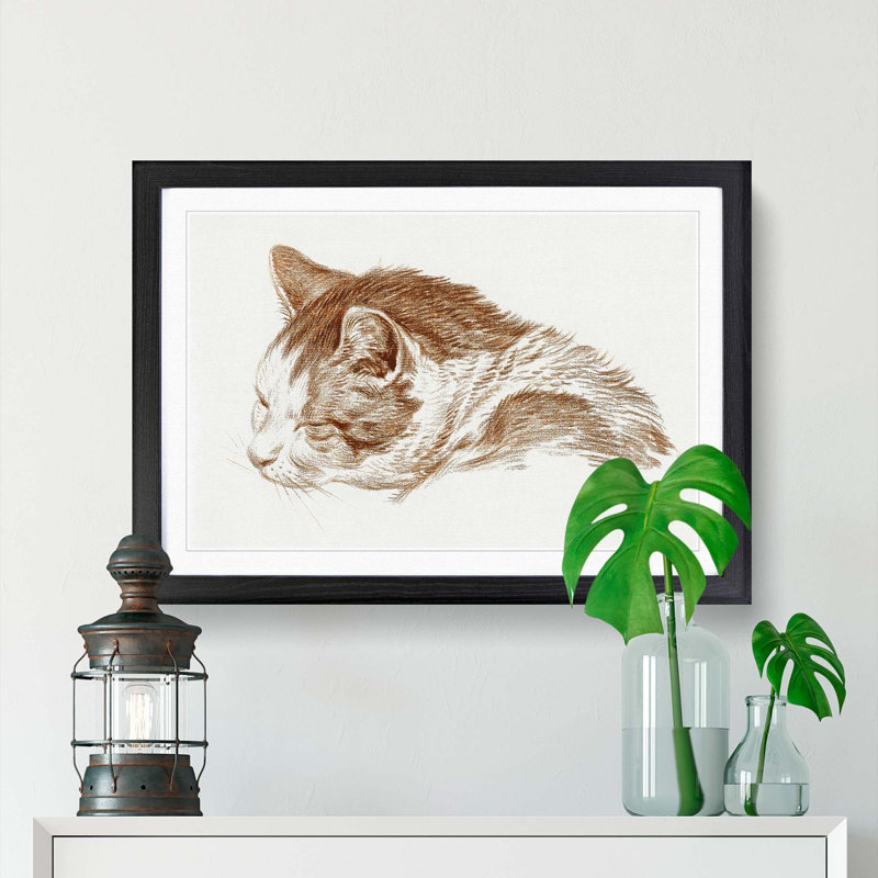 Illustration of a Cat by Jean Bernard - Picture Frame Painting Print, 48cm H x 65cm W x 2cm D, Black Framed