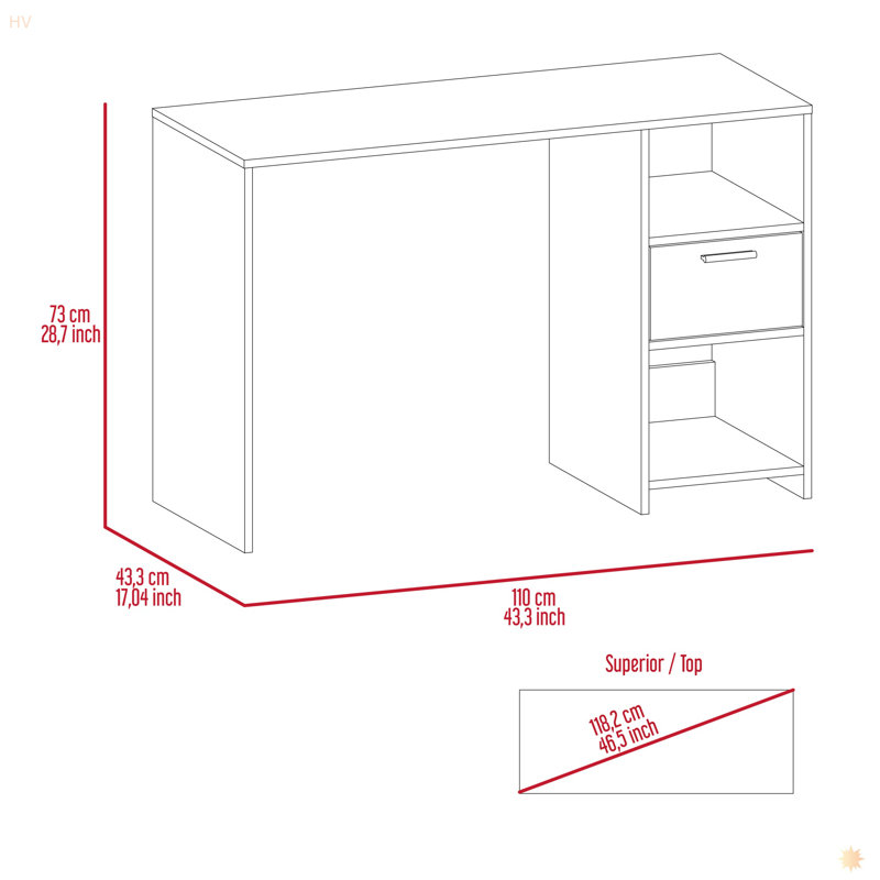 Bureau d'ordinateur, un tiroir, deux tablettes, Gris, H 28,62 po x l 43,36 po x P 16,96 po