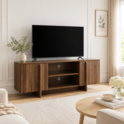 Meuble télé de style ferme moderne du milieu du siècle, 140 cm (55,12 pouces), avec placards et étagères ouvertes, compatible avec les téléviseurs jusqu'à 122 cm (48 pouces), fini noyer