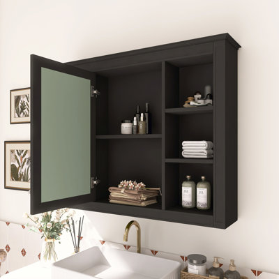 Armoire à pharmacie murale avec miroir et tablettes ouvertes