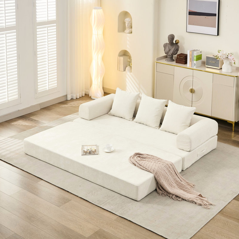 Plancher beige avec accoudoirs, canapé-lit pliant convertible, tissu respirant, salon confortable à installation rapide, lit en chenille pour la chambre à coucher, support à ressort, stabilité