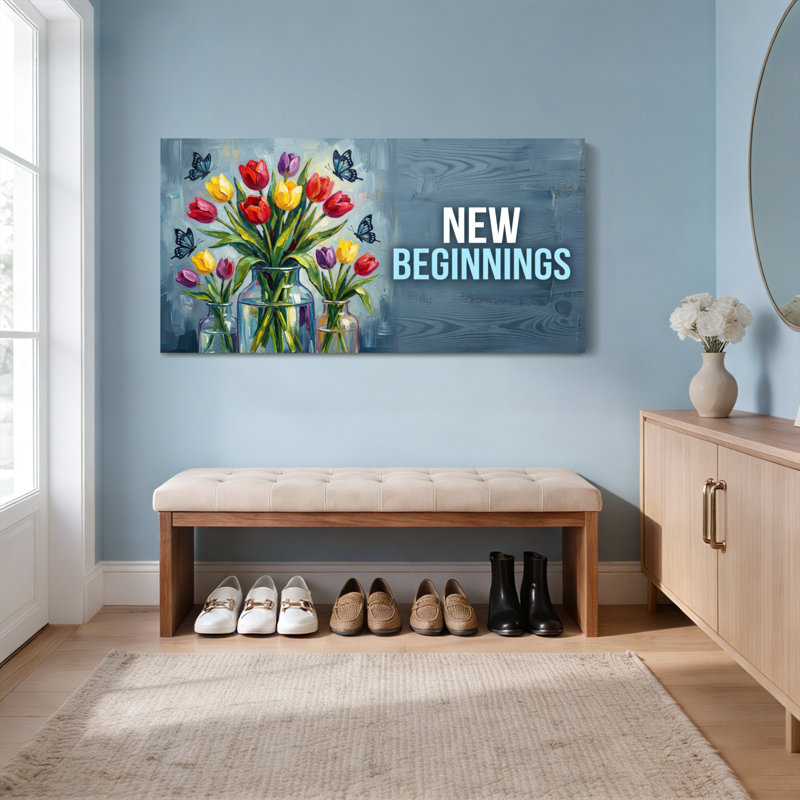Tableau sur toile tendue représentant des tulipes et des papillons, citation inspirante sur les nouveaux départs, idéal pour décorer un salon, une chambre ou un bureau.
