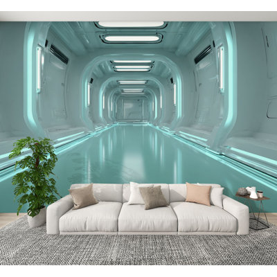 Papier peint adhésif mural Futuristic Peel and Stick Bright Ambient Neon Corridor