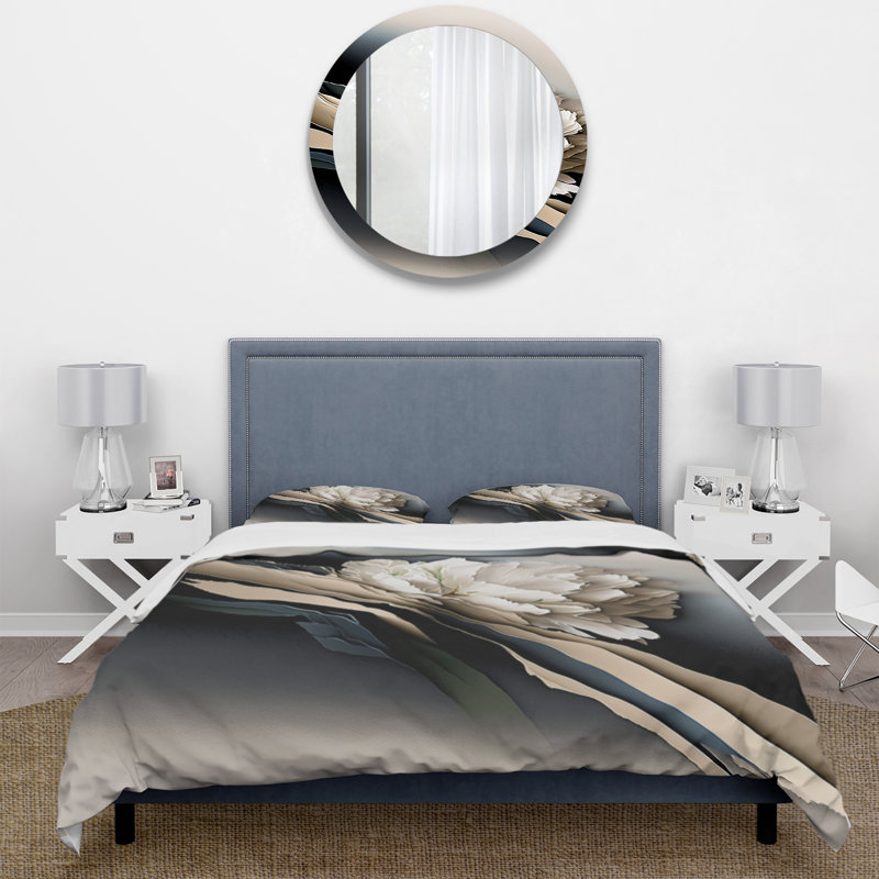 Ensemble de housse de couette beige en pivoine hyperréaliste II, Housse de couette pour très grand lit et 2 très