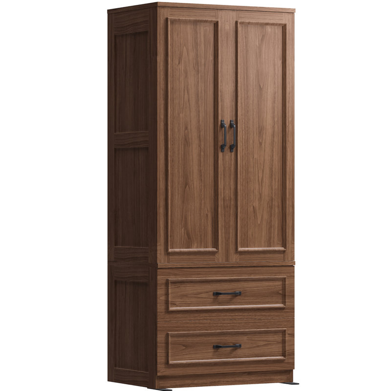 70" H Armoire Wardrobe Closet With 2 Doors & 2 Drawers, Freestanding Wooden Wardrobe Armoire With Hanging Rod For Bedroom, White
