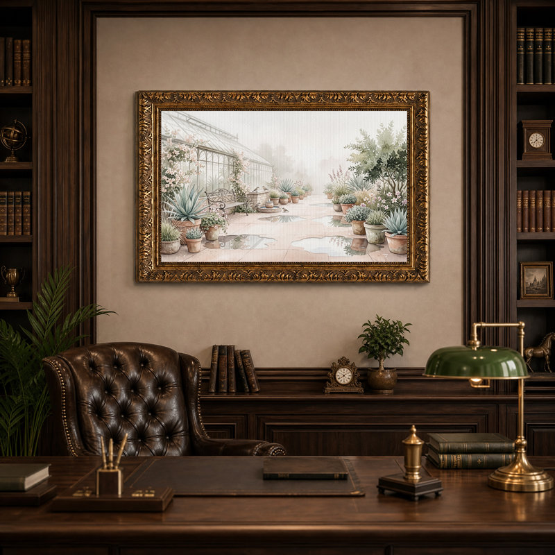 Plantes en pot dans un jardin de serre brumeux, tableau sur toile, H 16 po x l 24 po