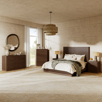 5-Piece Modern Fluted Solid Wood Bedroom Set With Oak Texture