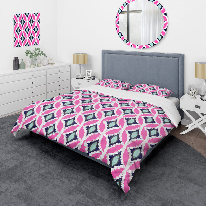 Ensemble de housse de couette à motif floral rose Ikat Ogee, Housse de couette simple + 1 taie décorative stan