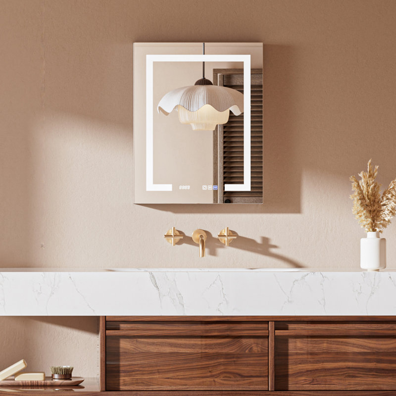 Armoire à pharmacie avec rangement à DEL pour salle de bain, l 24 po x H 30 po, fixation murale ou encastrée, panneau arrière en aluminium, gradateur et fonction antibuée