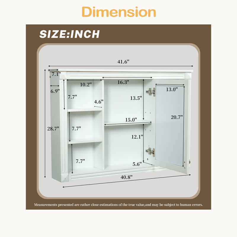 Armoire de rangement murale de 42 po pour salle de bain, armoire à pharmacie, armoire de salle de bain moderne avec miroir, armoire à miroir avec 6 tablettes ouvertes