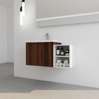 36 Inch Bathroom Vanity With Resin Sink And Drawer, Walnut Wall Mounted Basin, Soft Close, Storage, Look