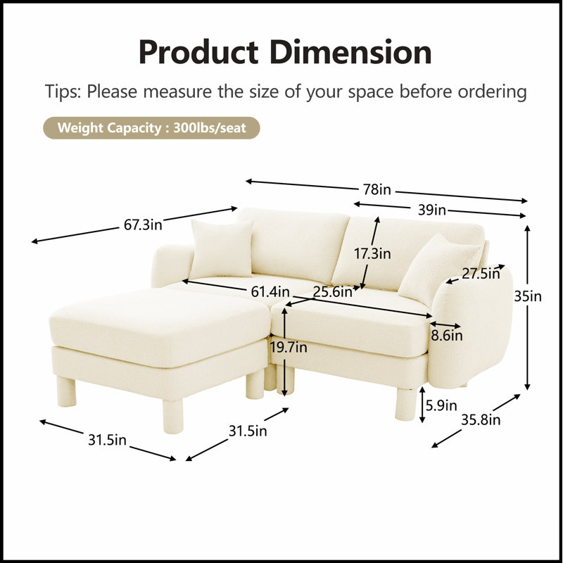 Canapé modulaire à 2 places en tissu Boucle avec accoudoirs en forme de coquillage, repose-pieds amovible et pieds cylindriques