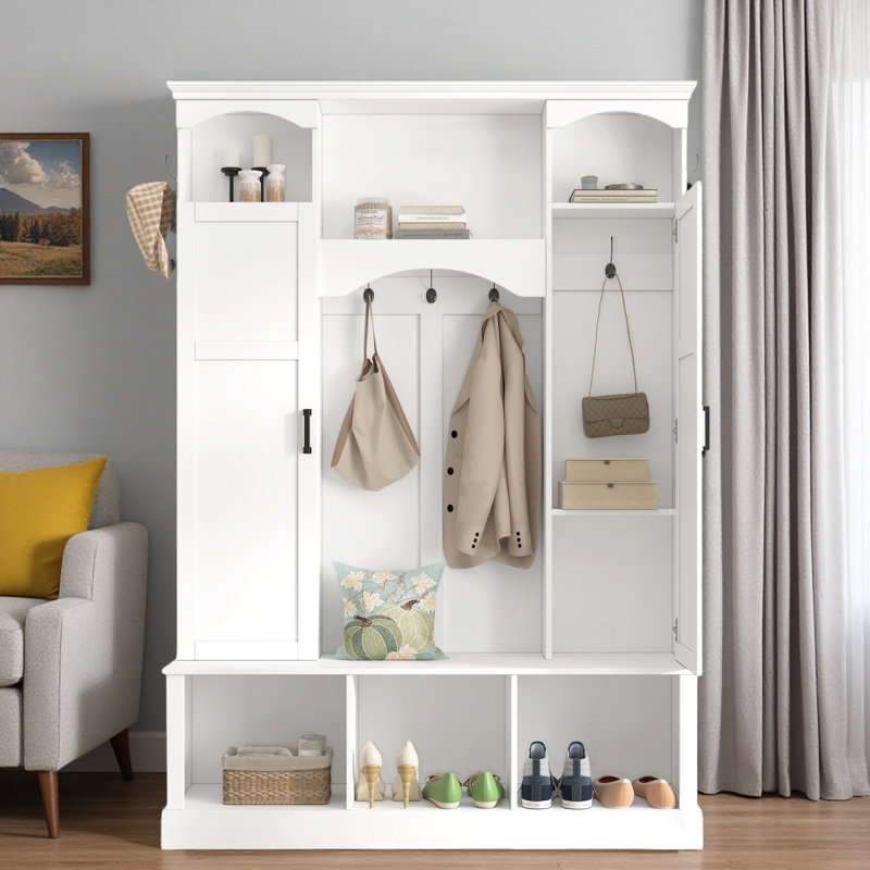 Modern Hall Tree With Adjustable Shelves, Side Cabinets, Top Compartments And Hooks, White