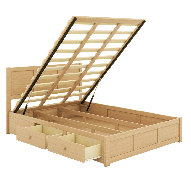 Lit plateforme en bois avec tête de lit et rangement inférieur et 2 tiroirs, structure en bois massif et lattes, Lit double