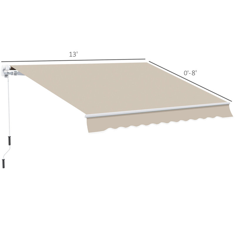 Auvent de patio beige 13 pi x 8 pi. Et eau - matériau, cadre en aluminium. Manivelle réglable facile à utiliser. Choix de fixation multi-surfaces. Auvent pare-soleil pour la chaleur. Installation polyvalente