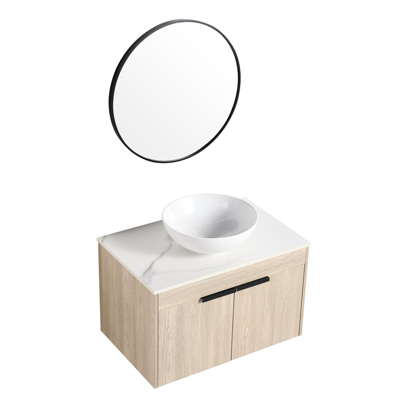 Meuble-lavabo contemporain de 30 po avec lavabo en céramique. Conception murale en chêne blanc. Porte à fermeture en douceur pour un fonctionnement silencieux. Rangement suffisant. Meuble-lavabo en contreplaqué. Bassin d'art de 19,28 po de largeur. Regardez. Ample
