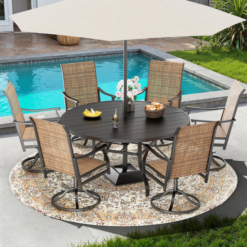 6 Person Patio Dining Set with Powder Coated Steel Round Patio Dining Table, 6, Brown/Black