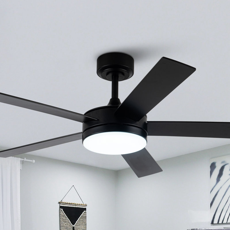 Vaczon 48" 5 - Blade Modern Ceiling Fan with LED Lights and Remote Control, Black with Black/Brown Wood Blades