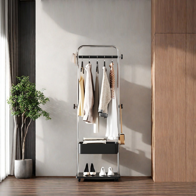 Stainless Steel Coat Rack with Cherrywood Hooks, Black