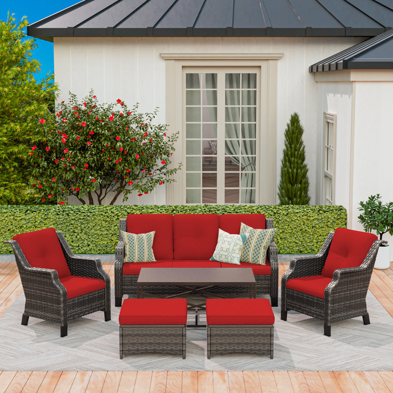 6 Pieces All-Weather Wicker Patio Conversation Set With Cushions, 3-Seat Sofa, Chairs, Ottomans & Metal Coffee Table, Red