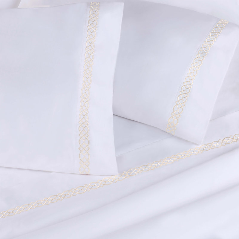 Infinity Scroll Embroidered Certified Egyptian Cotton 1000 Thread Count Bed Sheet Set, White/Ivory