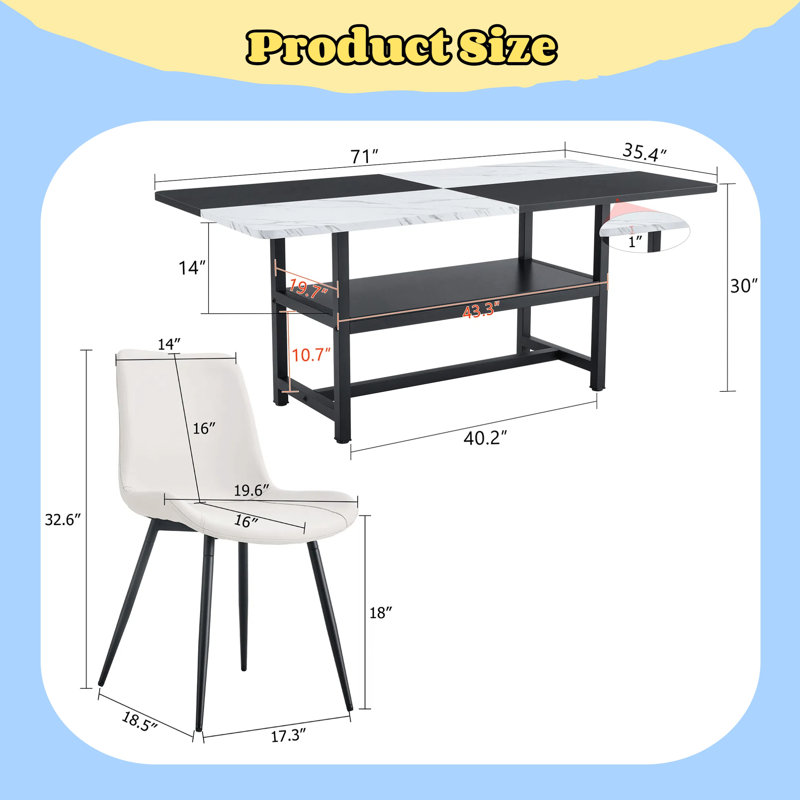 Ensemble de table de salle à manger avec tablettes de rangement 71 po, Blanc, 9