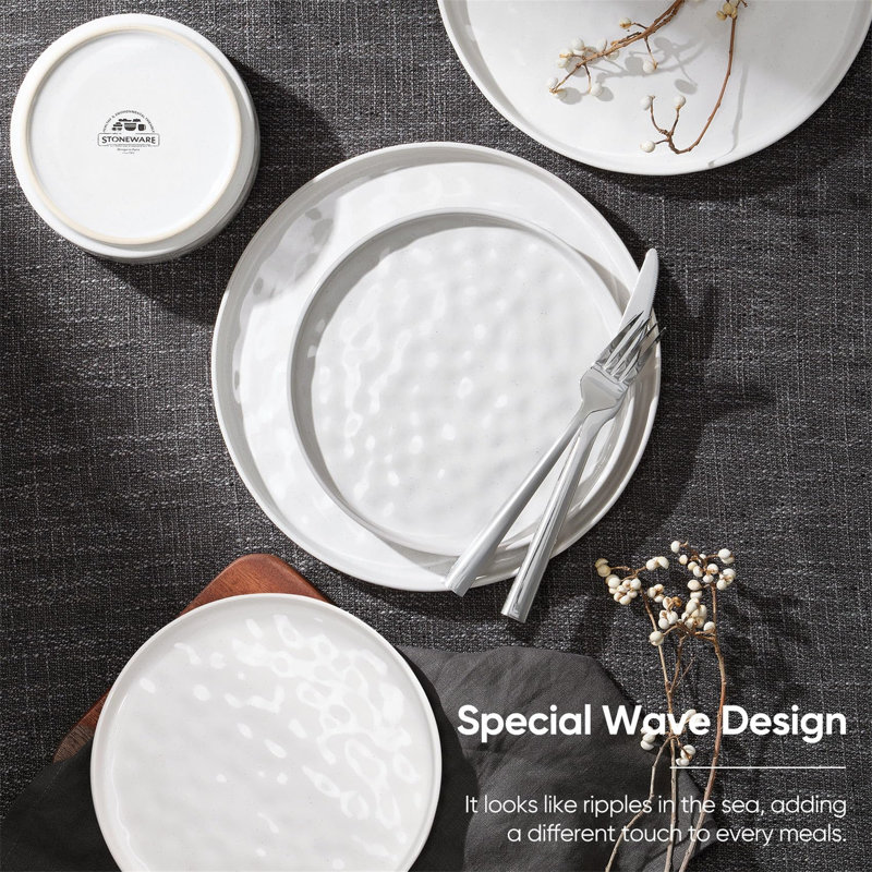 12 Piece Dinner Sets, Reactive Glaze Plates And Bowls Set For 4 People, Elegant Dinnerware Stoneware Scratch Resistant, Pearl White