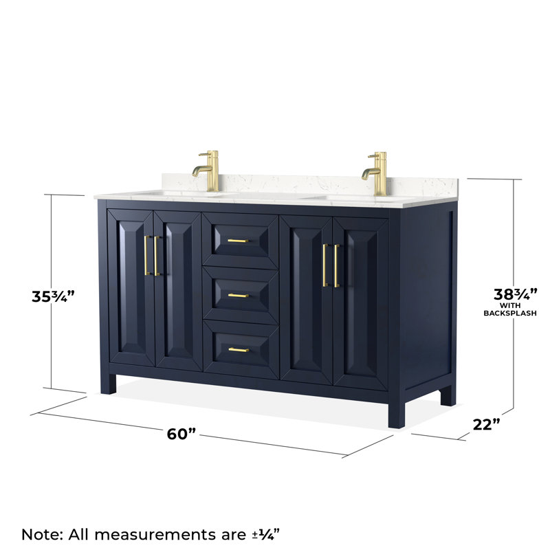 Daria 60'' W Double Vanity, Carrara Cultured Marble, Dark Blue, Brushed Gold