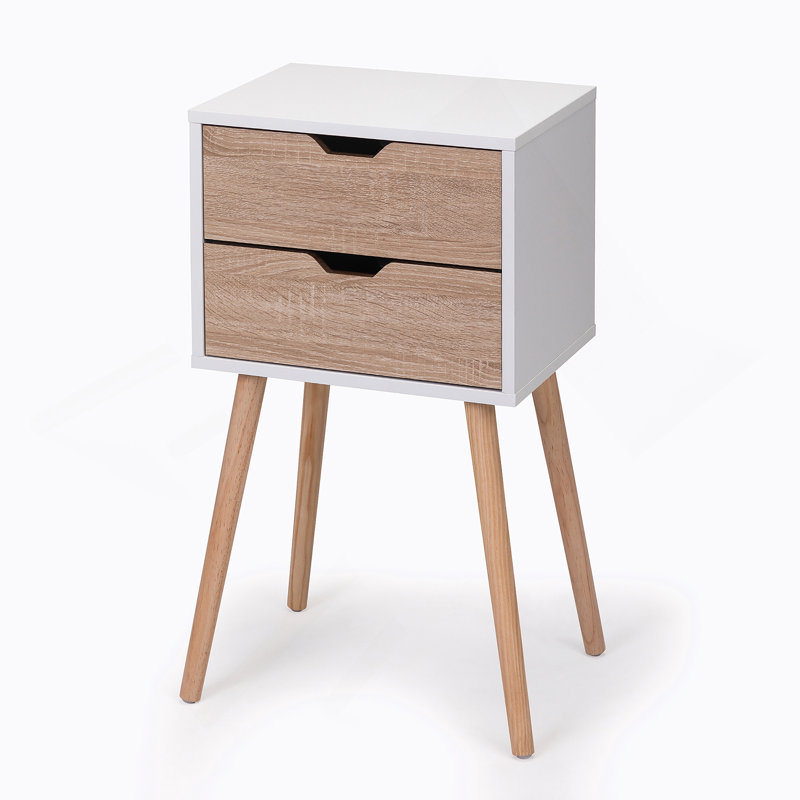 Table de chevet avec 2 tiroirs, tables de chevet avec pieds et rangement en bois massif, table d'appoint, Blanc