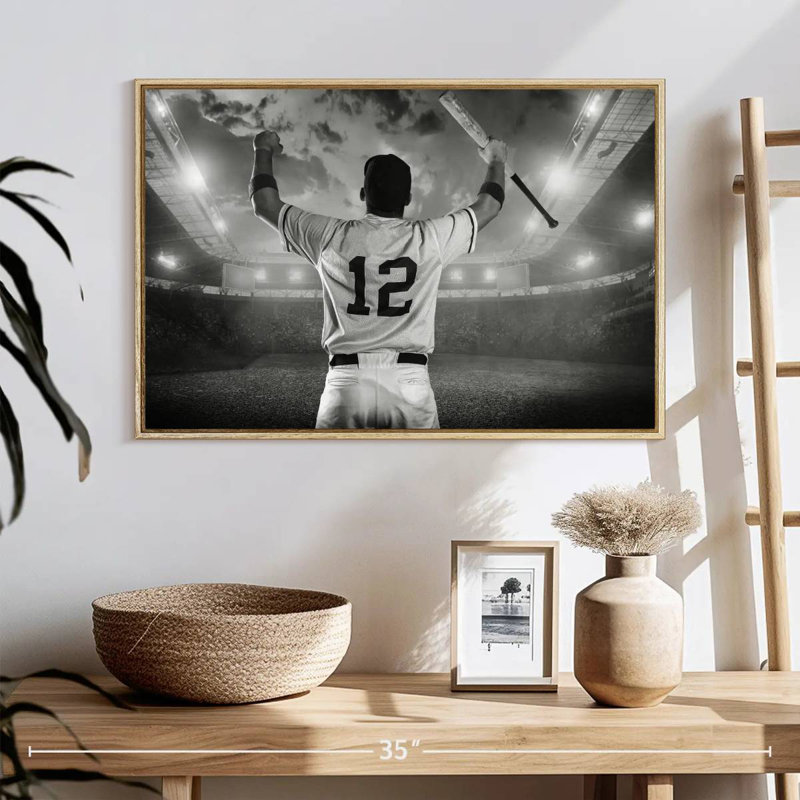 Joueur de baseball, 13 po x 9 po, Cadre flottant noyer