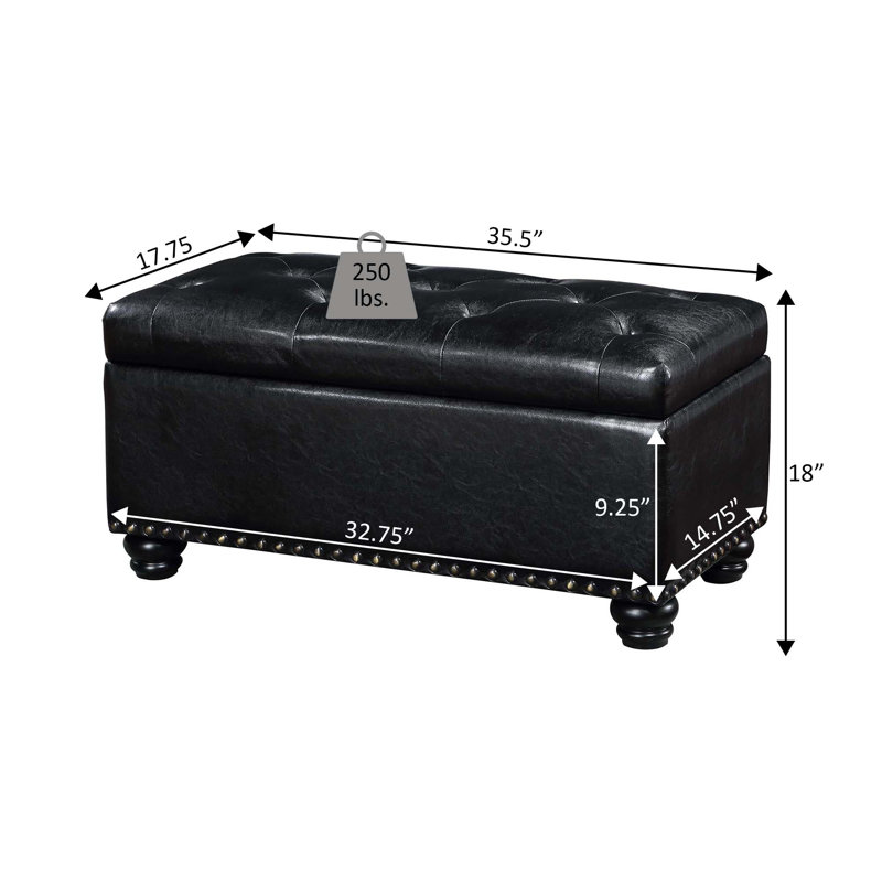 Repose-pieds capitonné rectangulaire avec rangement 35,5 po Alease, Similicuir noir