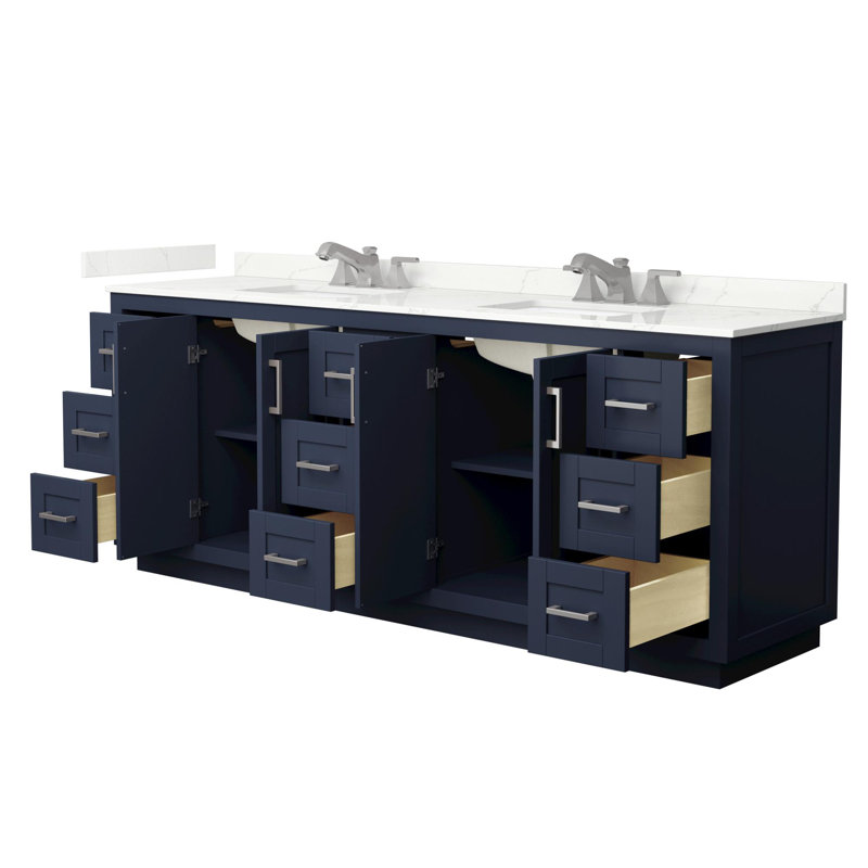 Miranda 84" Freestanding Double Bathroom Vanity with Quartz Top, Dark Blue, Giotto Quartz, Brushed Nickel