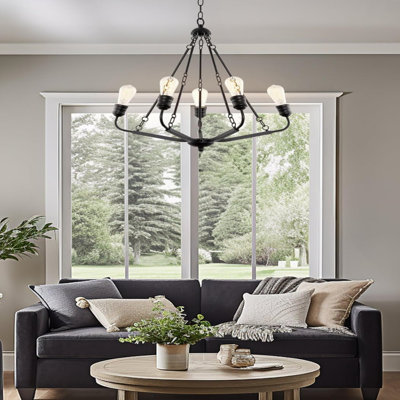 26" 5-Light Modern Farmhouse Chandelier for Dining Room, Kitchen or Foyer, Adjustable Height, Open Design + Black Finish