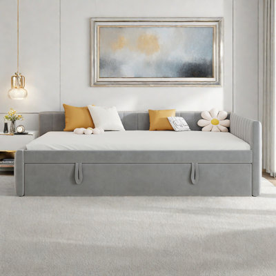 Upholstered L-shaped Daybed With Pop Up Trundle And Vertical Stripe Patterns by Hokku Designs