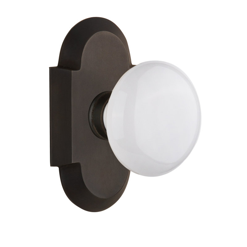 Plaque Cottage avec bouton de porte en porcelaine blanche, Bronze frotté à l'huile, 2-3/8 po