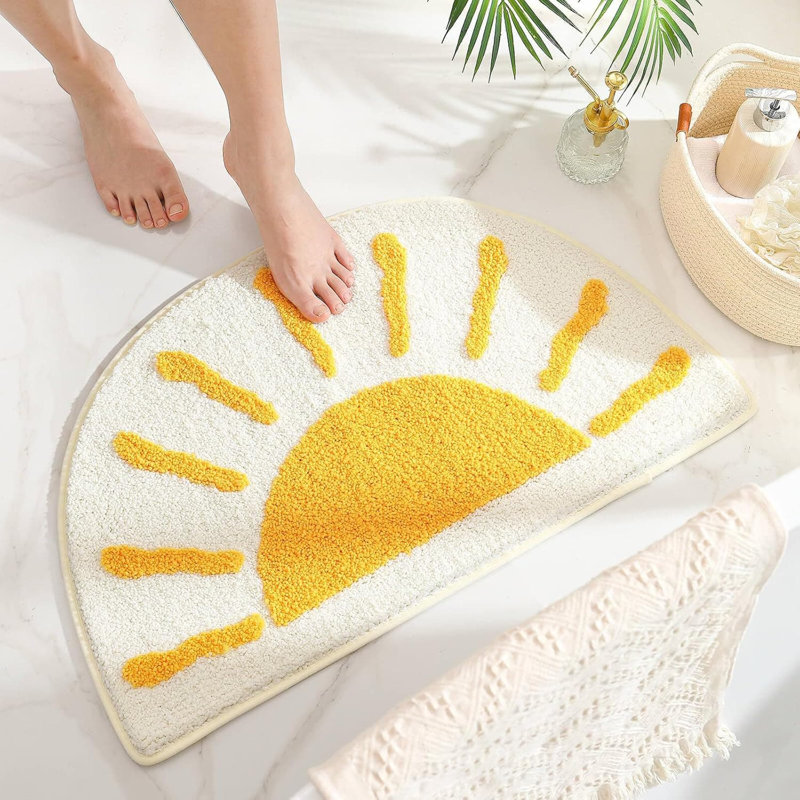 Half Circle Boho Bath Mat - Sun Fun White Yellow | Non-Slip Microfiber | Soft, Absorbent & Machine Washable | Semi Round for Bedroom/Toilet/Door