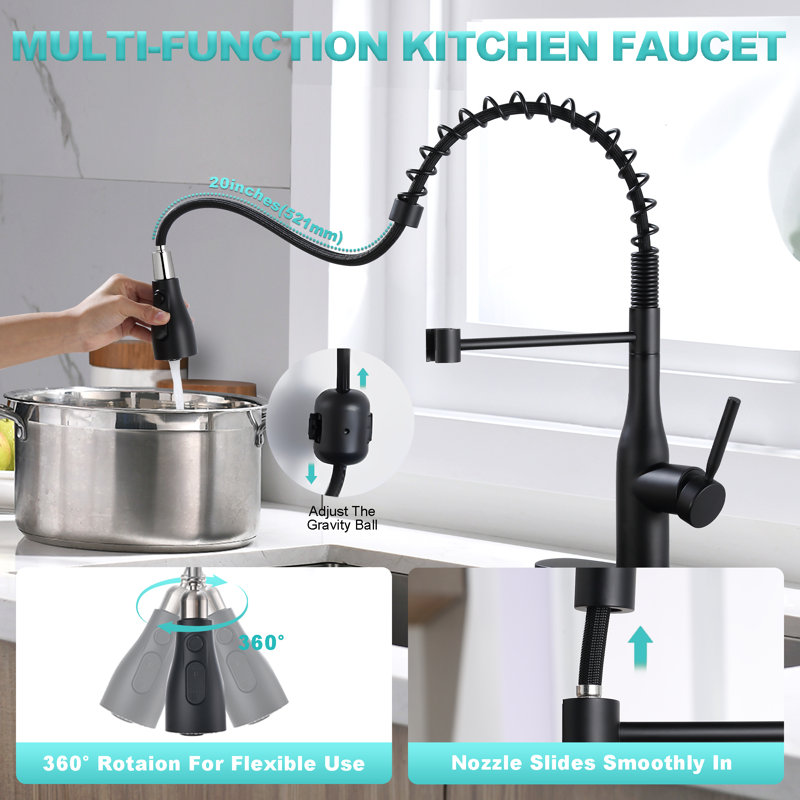 Single Handle Spring Neck Pull-Down Kitchen Faucet with 3-Function Sprayer, 360° Swivel Spout, and Deck Plate, Matte Black